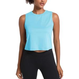 imageMAGCOMSEN Womens Workout Cropped Tops UPF 50 Athletic Running Tank Tops Sleeveless Gym Sports Muscle ShirtsLight Lake Blue