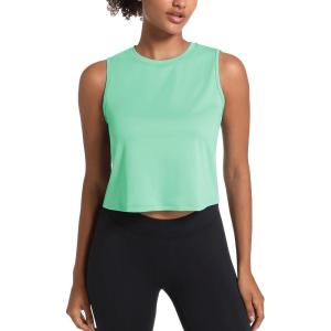 imageMAGCOMSEN Womens Workout Cropped Tops UPF 50 Athletic Running Tank Tops Sleeveless Gym Sports Muscle ShirtsMint Green