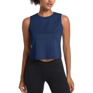 imageMAGCOMSEN Womens Workout Cropped Tops UPF 50 Athletic Running Tank Tops Sleeveless Gym Sports Muscle ShirtsNavy