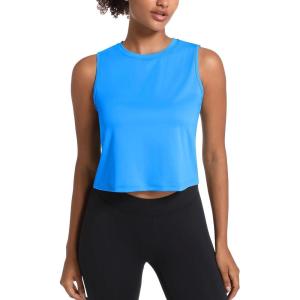 imageMAGCOMSEN Womens Workout Cropped Tops UPF 50 Athletic Running Tank Tops Sleeveless Gym Sports Muscle ShirtsSky Blue
