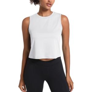 imageMAGCOMSEN Womens Workout Cropped Tops UPF 50 Athletic Running Tank Tops Sleeveless Gym Sports Muscle ShirtsWhite