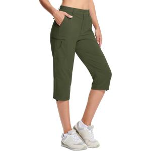 imageMAGCOMSEN Womens Hiking Pants Cargo Capris Lightweight Stretch Water Resistant Joggers with 5 Pockets for OutdoorArmy Green