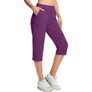 imageMAGCOMSEN Womens Hiking Pants Cargo Capris Lightweight Stretch Water Resistant Joggers with 5 Pockets for OutdoorPurple Red