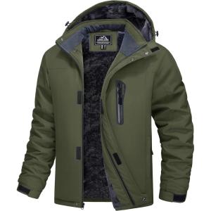 imageMAGCOMSEN Mens Winter Coats Ski Snow Rain Jackets Water Resistant with Hood Warm Fleece Parka Hiking Fishing WorkArmy Green