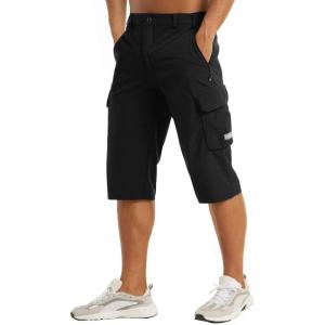 imageMAGCOMSEN Mens Workout Gym Shorts Quick Dry 34 Capri Pants Zipper Pockets Hiking Athletic Running ShortsBlack