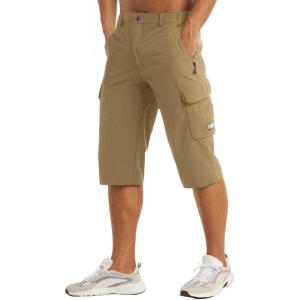 imageMAGCOMSEN Mens Workout Gym Shorts Quick Dry 34 Capri Pants Zipper Pockets Hiking Athletic Running ShortsKhaki