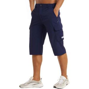 imageMAGCOMSEN Mens Workout Gym Shorts Quick Dry 34 Capri Pants Zipper Pockets Hiking Athletic Running ShortsNavy