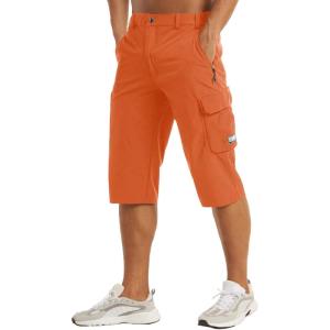 imageMAGCOMSEN Mens Workout Gym Shorts Quick Dry 34 Capri Pants Zipper Pockets Hiking Athletic Running ShortsOrange