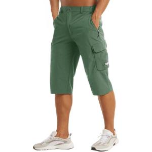 imageMAGCOMSEN Mens Workout Gym Shorts Quick Dry 34 Capri Pants Zipper Pockets Hiking Athletic Running ShortsPea Green
