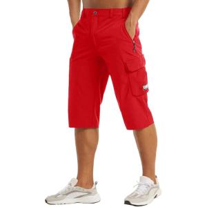 imageMAGCOMSEN Mens Workout Gym Shorts Quick Dry 34 Capri Pants Zipper Pockets Hiking Athletic Running ShortsRed