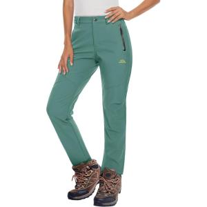 imageMAGCOMSEN Womens Fleece Lined Waterproof Insulated Softshell Pants Outdoor Snow Ski Pants Winter Warm Hiking PantsFern Green