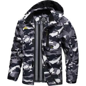 imageMAGCOMSEN Mens Lightweight Windbreaker Rain Jacket Raincoat with Detachable Hood for Hiking Fishing ActivewearBlack Camo