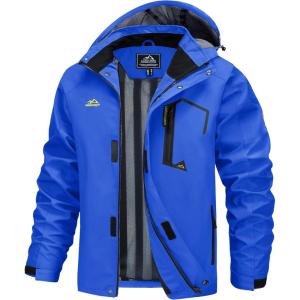 imageMAGCOMSEN Mens Lightweight Windbreaker Rain Jacket Raincoat with Detachable Hood for Hiking Fishing ActivewearBright Blue