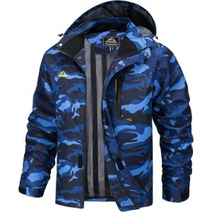 imageMAGCOMSEN Mens Lightweight Windbreaker Rain Jacket Raincoat with Detachable Hood for Hiking Fishing ActivewearDark Blue Camo