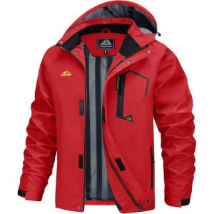imageMAGCOMSEN Mens Lightweight Windbreaker Rain Jacket Raincoat with Detachable Hood for Hiking Fishing ActivewearRed