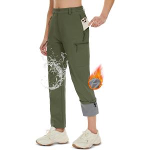 imageMAGCOMSEN Womens Fleece Lined Hiking Pants Waterproof Insulated Outdoor Snow Ski Pants Warm Winter Softshell PantsArmy Green