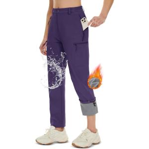 imageMAGCOMSEN Womens Fleece Lined Hiking Pants Waterproof Insulated Outdoor Snow Ski Pants Warm Winter Softshell PantsDark Purple