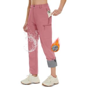 imageMAGCOMSEN Womens Fleece Lined Hiking Pants Waterproof Insulated Outdoor Snow Ski Pants Warm Winter Softshell PantsGrey Pink