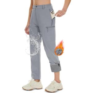 imageMAGCOMSEN Womens Fleece Lined Hiking Pants Waterproof Insulated Outdoor Snow Ski Pants Warm Winter Softshell PantsLight Grey