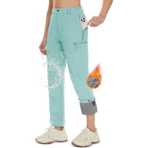 imageMAGCOMSEN Womens Fleece Lined Hiking Pants Waterproof Insulated Outdoor Snow Ski Pants Warm Winter Softshell PantsLight Lake Blue
