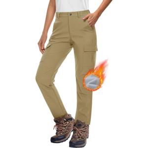 imageMAGCOMSEN Womens Fleece Lined Winter Hiking Waterproof Insulated Outdoor Snow Ski Softshell Pants for Cold WeatherKhaki