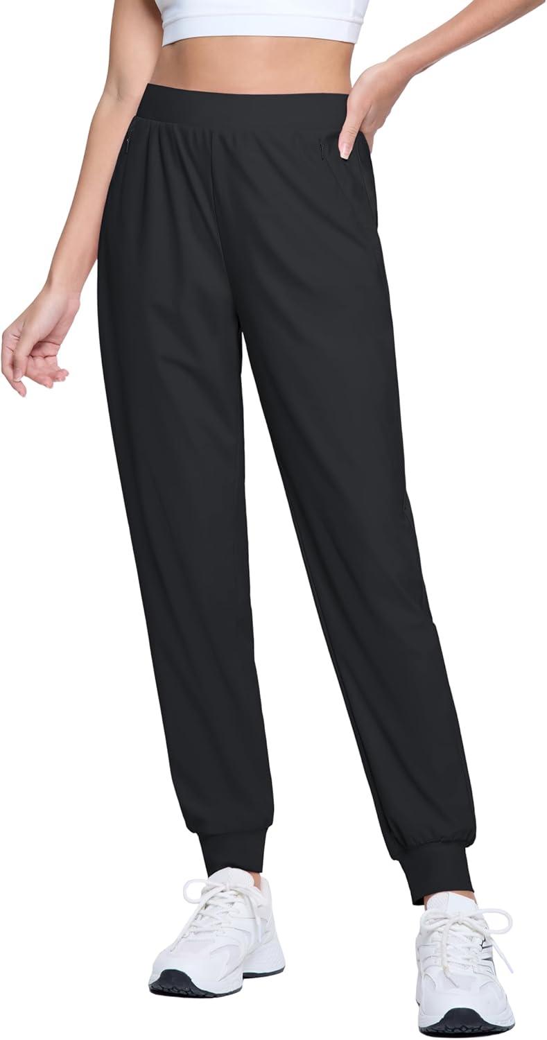 imageMAGCOMSEN Joggers for Women High Waisted Golf Pants with Zipper Pockets Quick Dry Lightweight Hiking Travel Workout PantsBlack