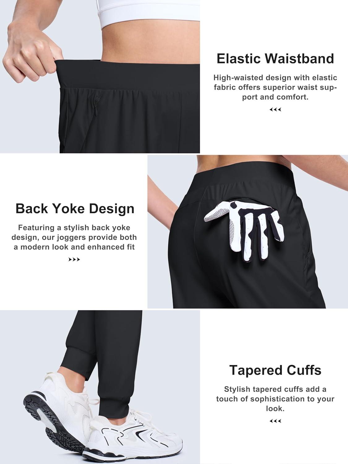 imageMAGCOMSEN Joggers for Women High Waisted Golf Pants with Zipper Pockets Quick Dry Lightweight Hiking Travel Workout PantsBlack