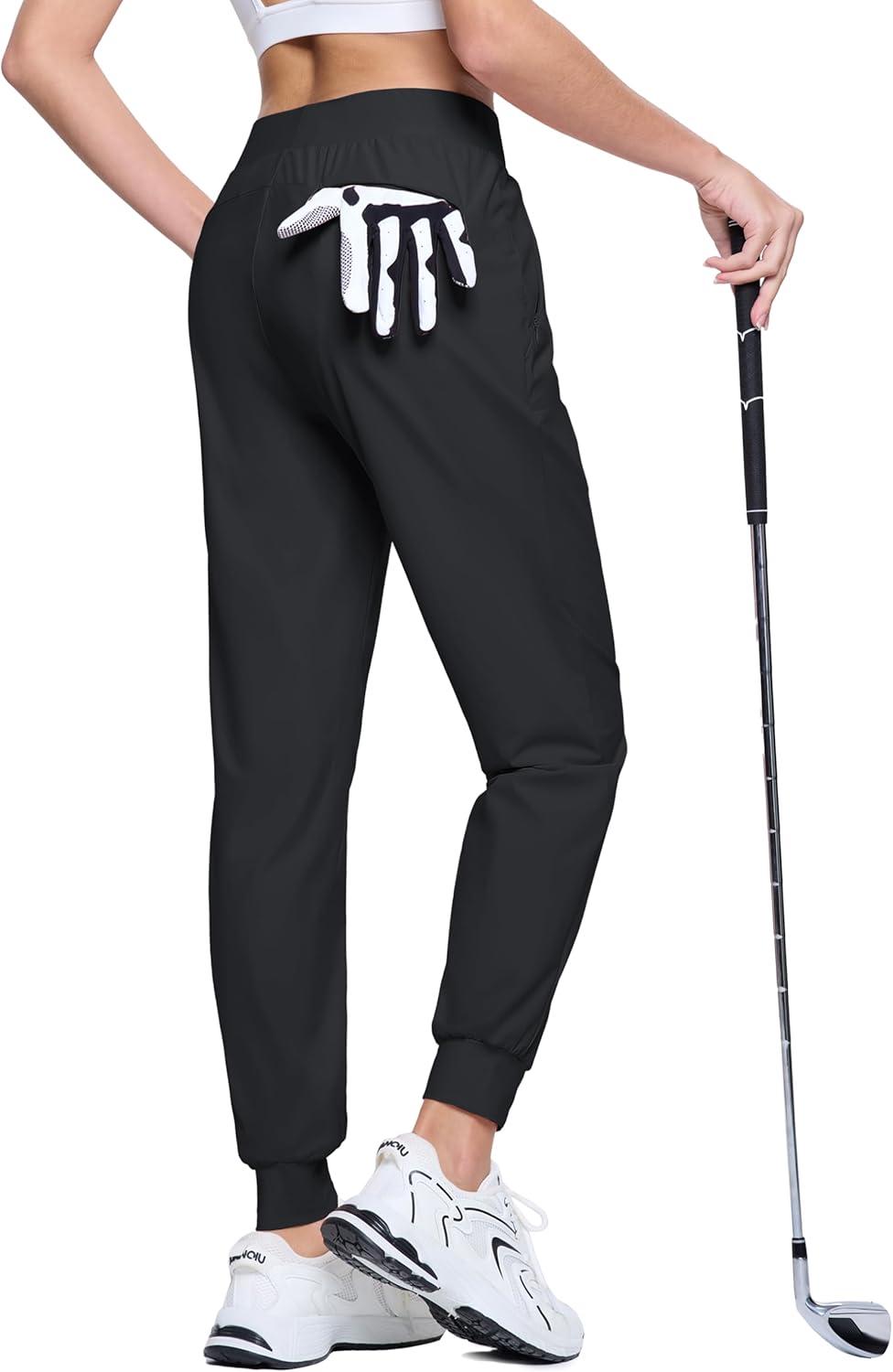 imageMAGCOMSEN Joggers for Women High Waisted Golf Pants with Zipper Pockets Quick Dry Lightweight Hiking Travel Workout PantsBlack