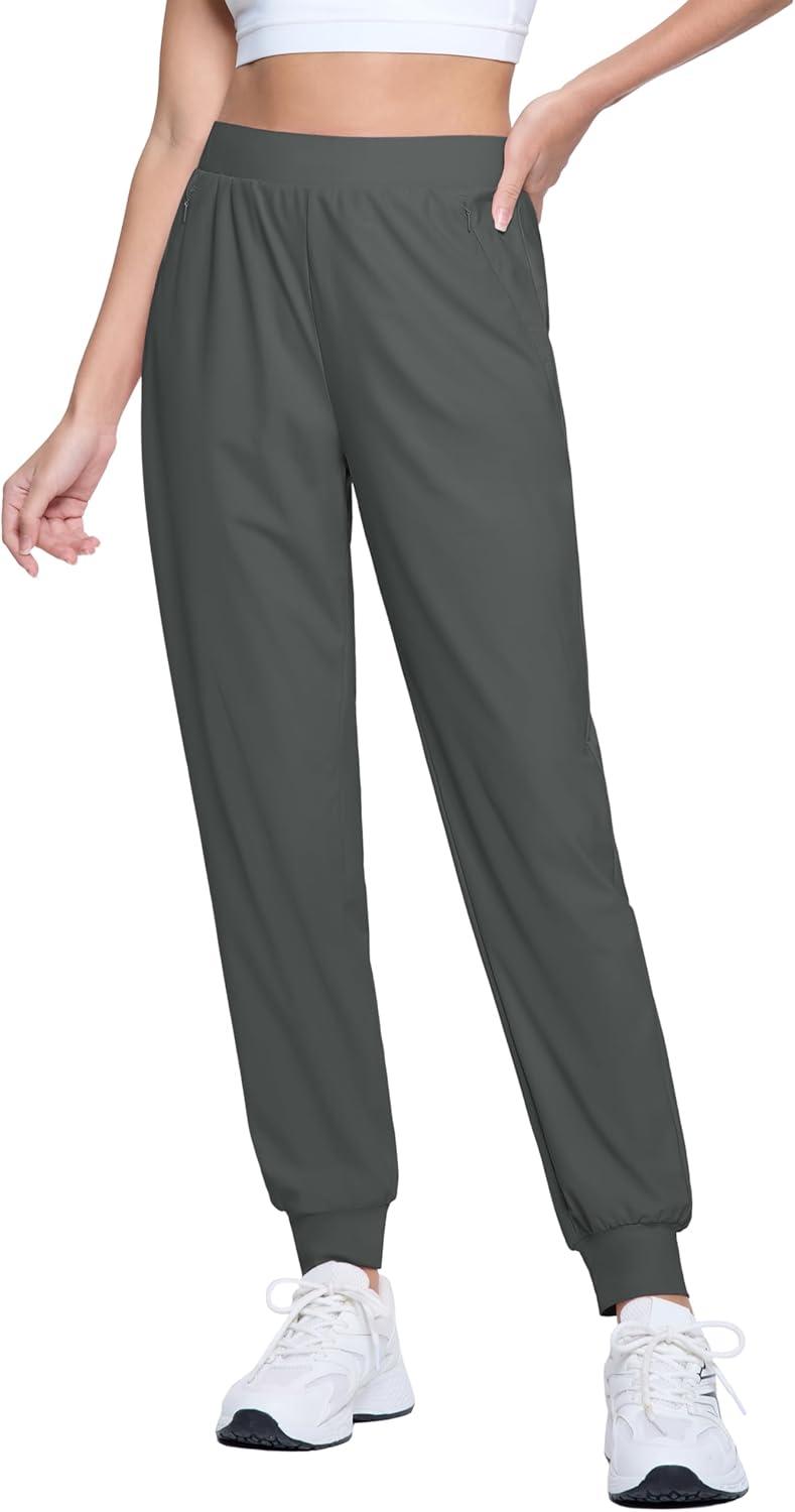 imageMAGCOMSEN Joggers for Women High Waisted Golf Pants with Zipper Pockets Quick Dry Lightweight Hiking Travel Workout PantsDark Grey