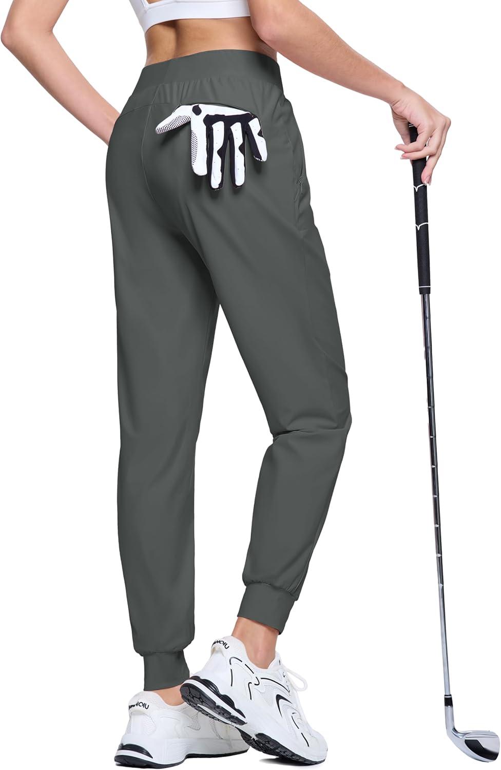 imageMAGCOMSEN Joggers for Women High Waisted Golf Pants with Zipper Pockets Quick Dry Lightweight Hiking Travel Workout PantsDark Grey