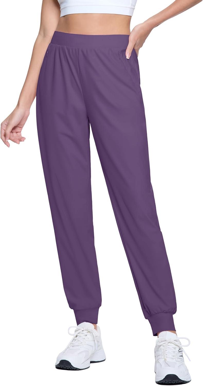 imageMAGCOMSEN Joggers for Women High Waisted Golf Pants with Zipper Pockets Quick Dry Lightweight Hiking Travel Workout PantsDark Purple