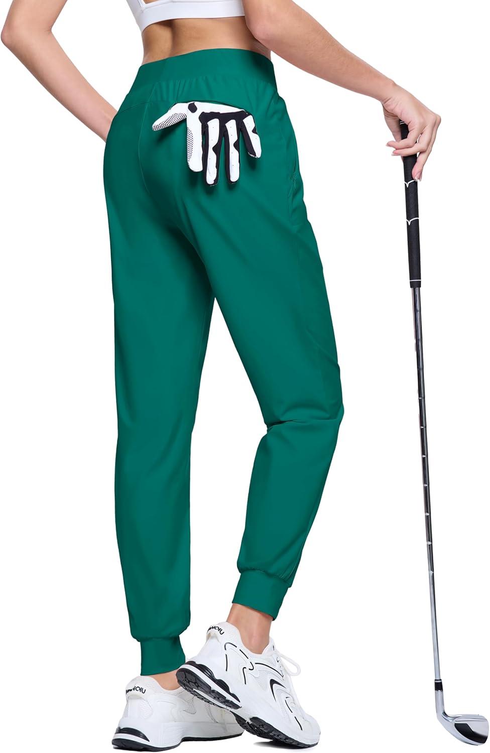 imageMAGCOMSEN Joggers for Women High Waisted Golf Pants with Zipper Pockets Quick Dry Lightweight Hiking Travel Workout PantsEgreen