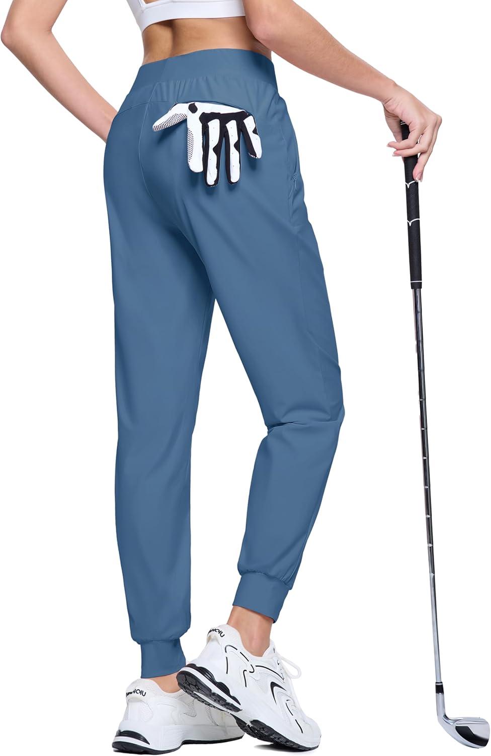imageMAGCOMSEN Joggers for Women High Waisted Golf Pants with Zipper Pockets Quick Dry Lightweight Hiking Travel Workout PantsHaze Blue