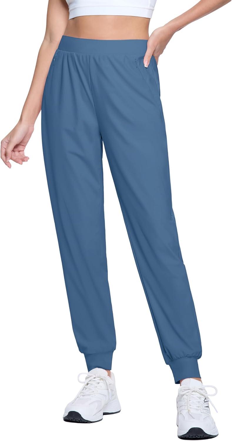 imageMAGCOMSEN Joggers for Women High Waisted Golf Pants with Zipper Pockets Quick Dry Lightweight Hiking Travel Workout PantsHaze Blue