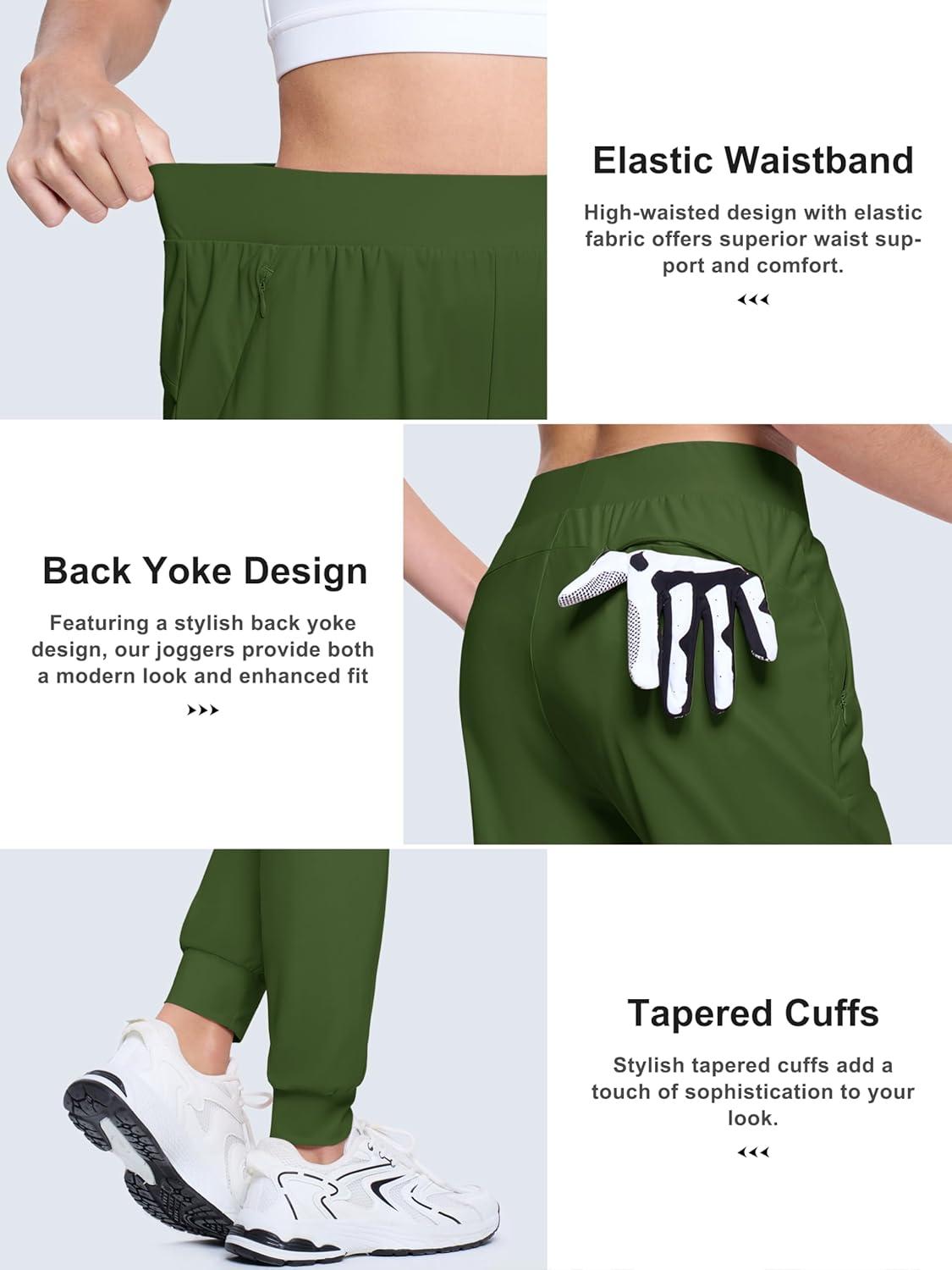 imageMAGCOMSEN Joggers for Women High Waisted Golf Pants with Zipper Pockets Quick Dry Lightweight Hiking Travel Workout PantsMilitary Green