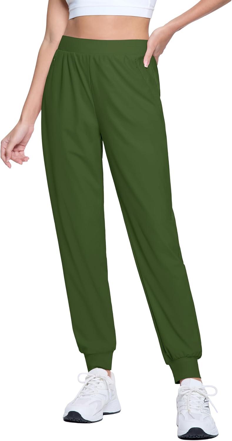 imageMAGCOMSEN Joggers for Women High Waisted Golf Pants with Zipper Pockets Quick Dry Lightweight Hiking Travel Workout PantsMilitary Green