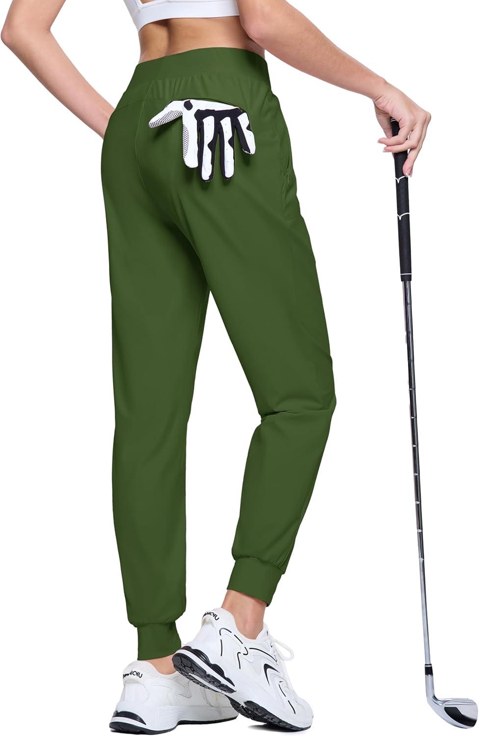 imageMAGCOMSEN Joggers for Women High Waisted Golf Pants with Zipper Pockets Quick Dry Lightweight Hiking Travel Workout PantsMilitary Green