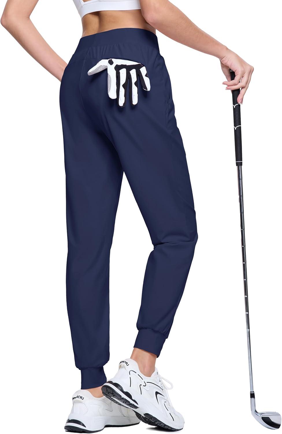 imageMAGCOMSEN Joggers for Women High Waisted Golf Pants with Zipper Pockets Quick Dry Lightweight Hiking Travel Workout PantsNavy