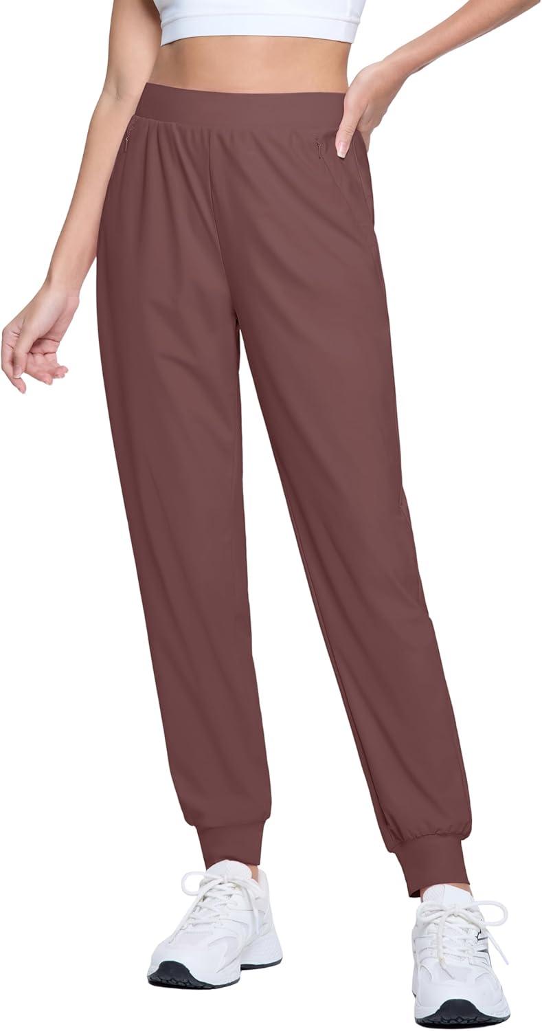 imageMAGCOMSEN Joggers for Women High Waisted Golf Pants with Zipper Pockets Quick Dry Lightweight Hiking Travel Workout PantsRusty Brown