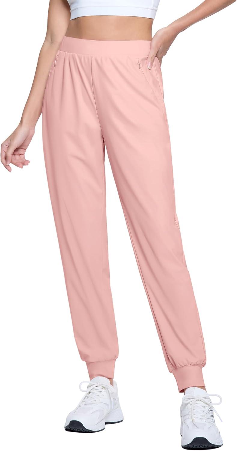 imageMAGCOMSEN Joggers for Women High Waisted Golf Pants with Zipper Pockets Quick Dry Lightweight Hiking Travel Workout PantsSmoky Pink