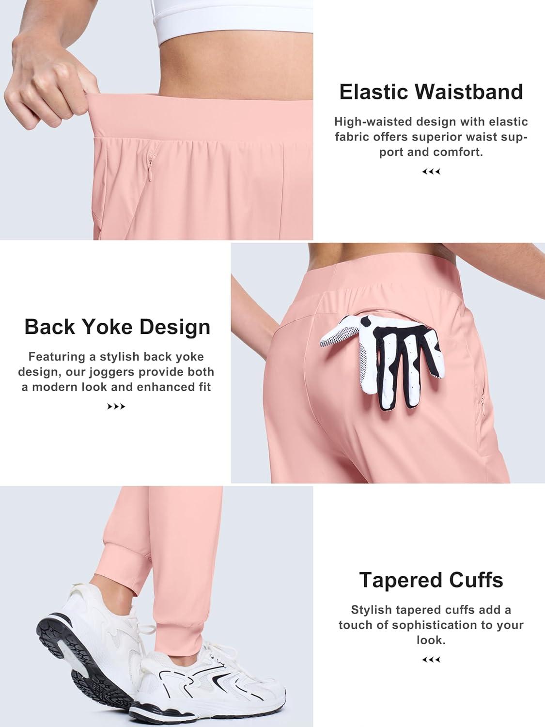 imageMAGCOMSEN Joggers for Women High Waisted Golf Pants with Zipper Pockets Quick Dry Lightweight Hiking Travel Workout PantsSmoky Pink