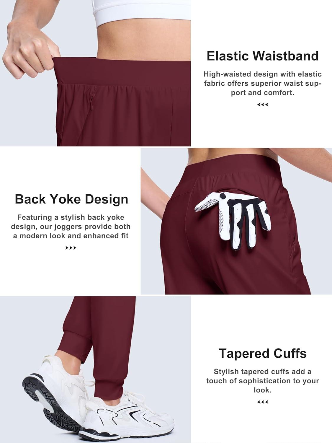 imageMAGCOMSEN Joggers for Women High Waisted Golf Pants with Zipper Pockets Quick Dry Lightweight Hiking Travel Workout PantsWine Red