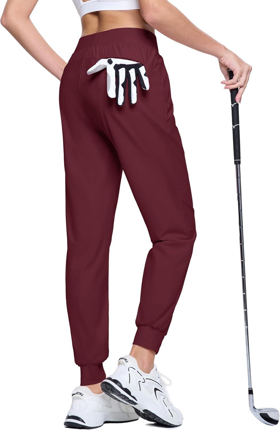 imageMAGCOMSEN Joggers for Women High Waisted Golf Pants with Zipper Pockets Quick Dry Lightweight Hiking Travel Workout PantsWine Red