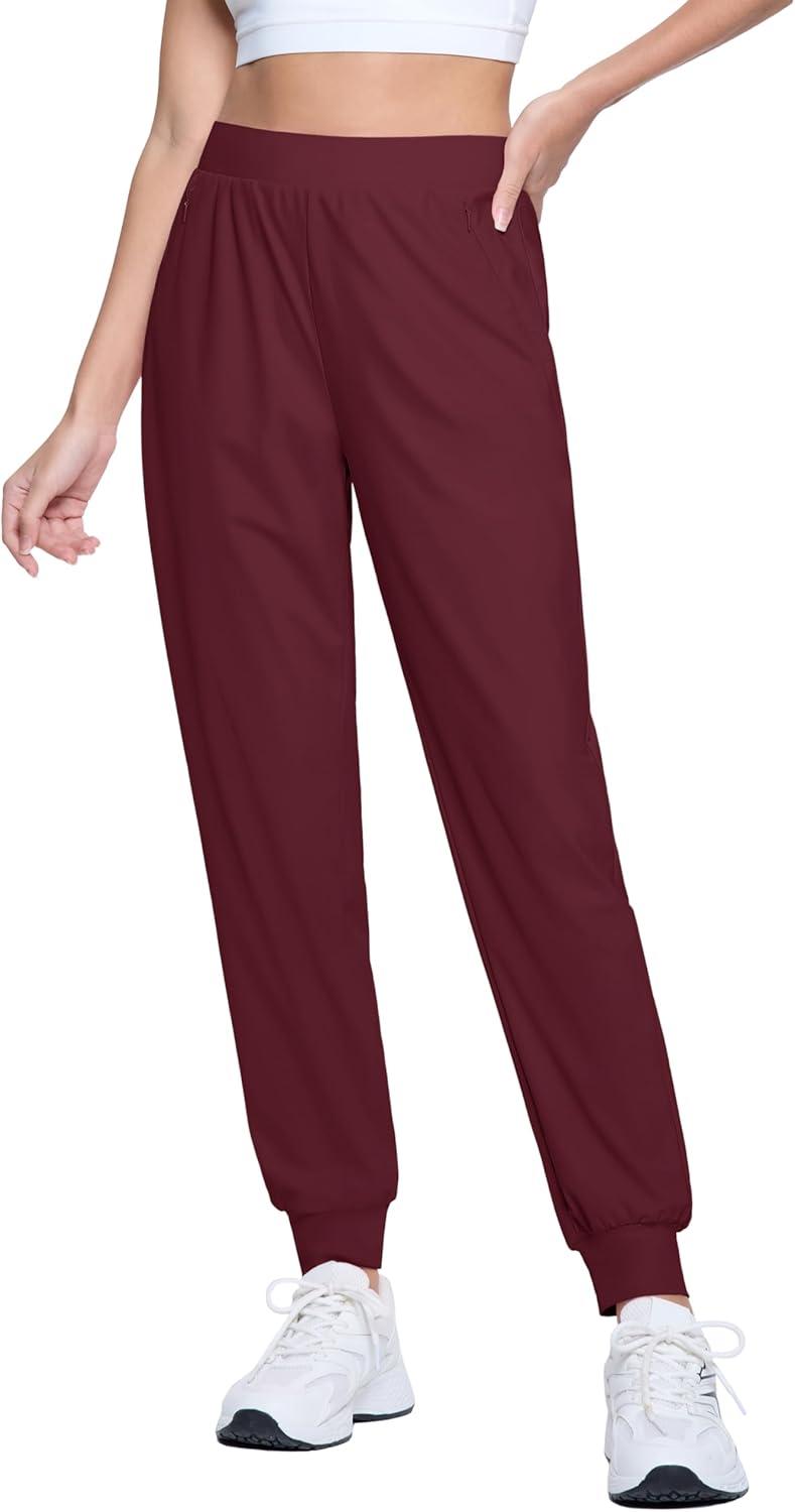 imageMAGCOMSEN Joggers for Women High Waisted Golf Pants with Zipper Pockets Quick Dry Lightweight Hiking Travel Workout PantsWine Red