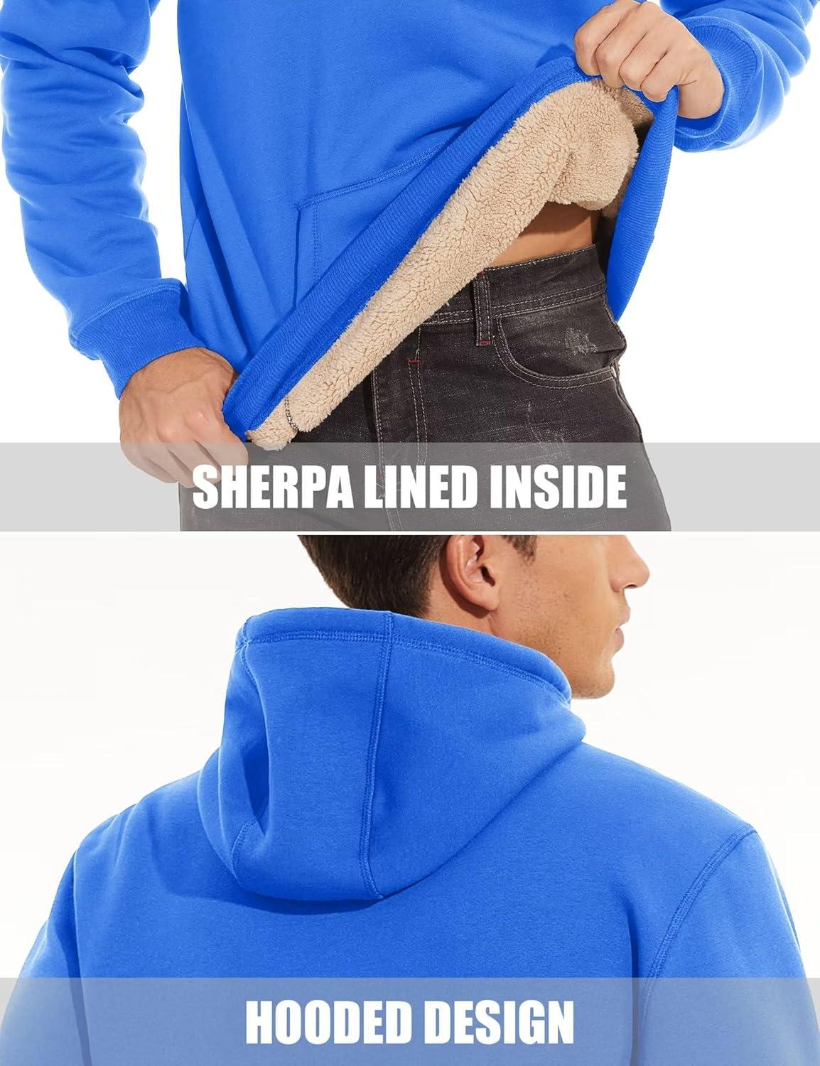 imageMAGCOMSEN Mens Heavy Hoodie Sherpa Fleece Lined Pullover Thick Winter Hooded SweatshirtAzure
