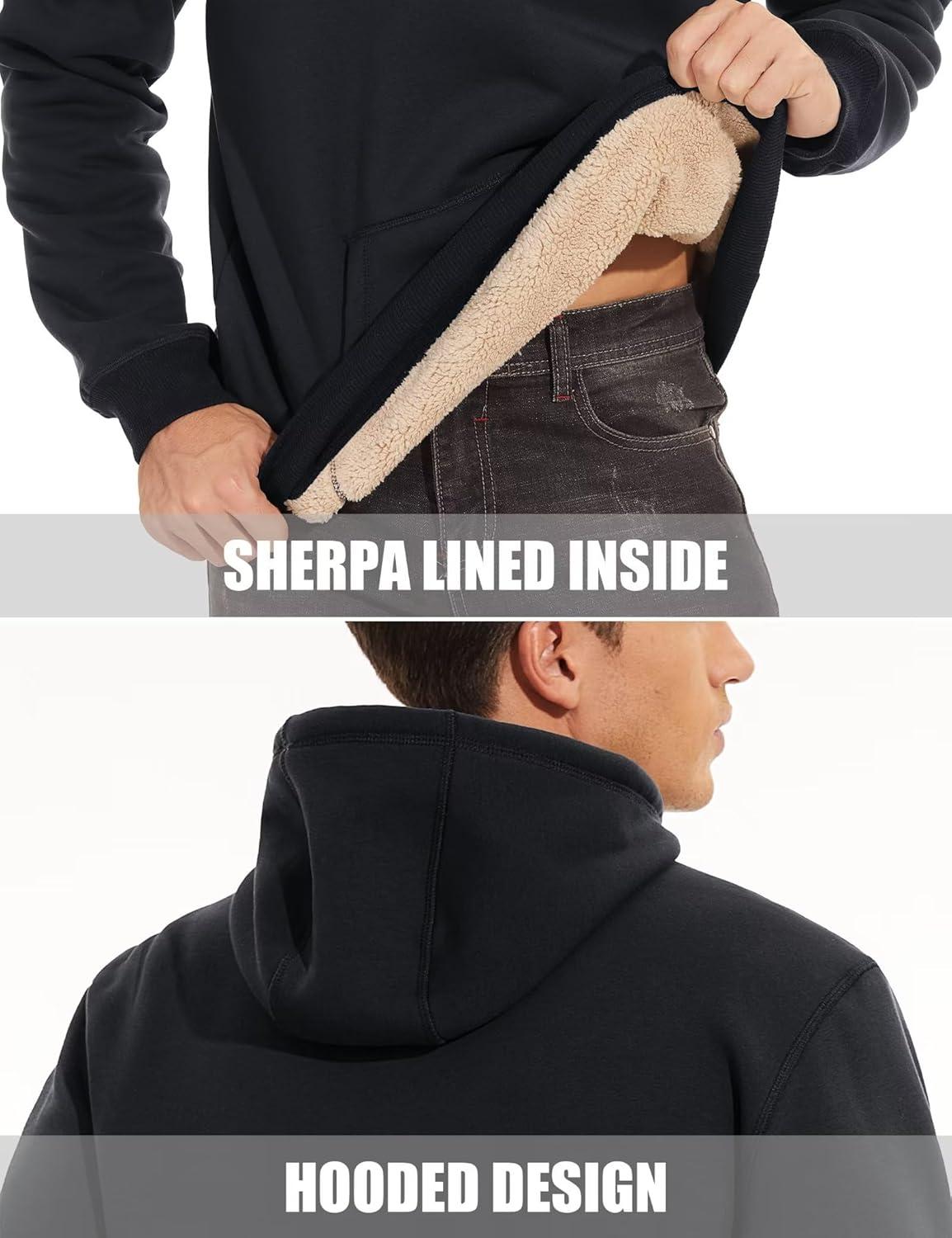 imageMAGCOMSEN Mens Heavy Hoodie Sherpa Fleece Lined Pullover Thick Winter Hooded SweatshirtBlack