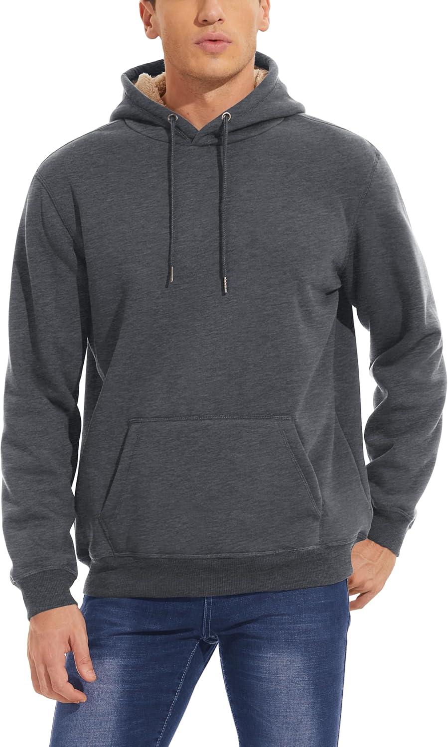 imageMAGCOMSEN Mens Heavy Hoodie Sherpa Fleece Lined Pullover Thick Winter Hooded SweatshirtDark Grey