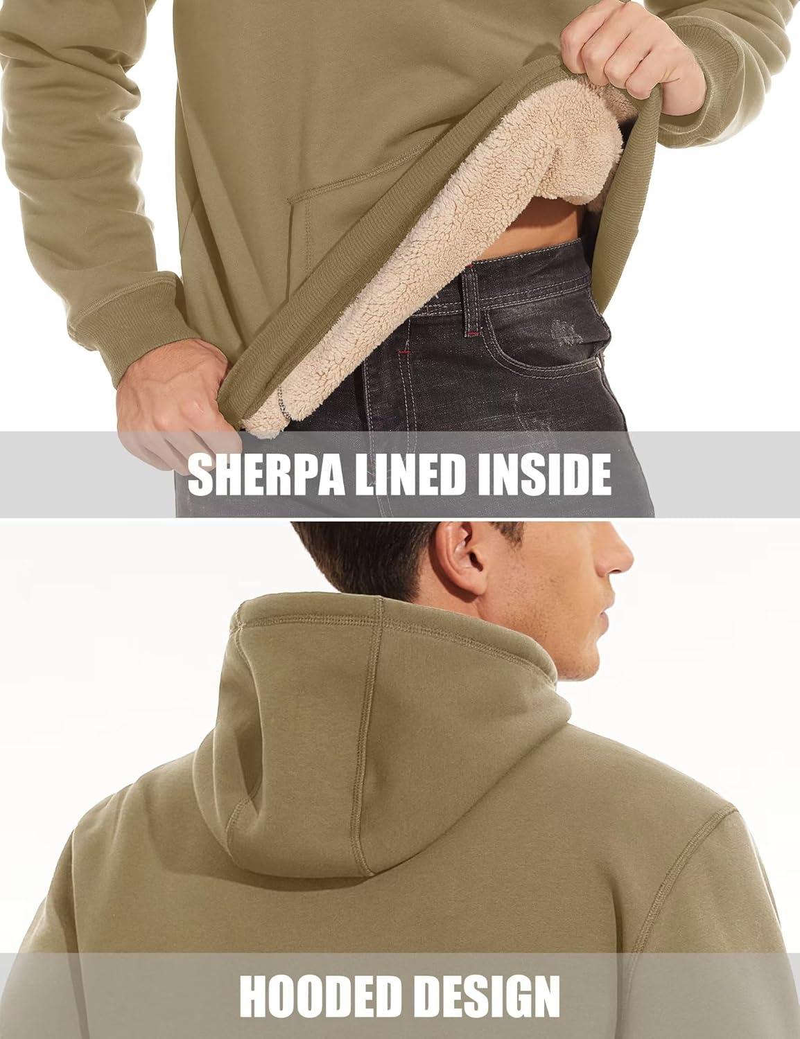 imageMAGCOMSEN Mens Heavy Hoodie Sherpa Fleece Lined Pullover Thick Winter Hooded SweatshirtKhaki