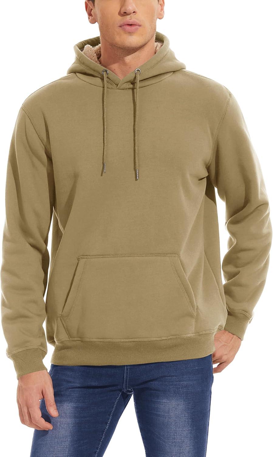 imageMAGCOMSEN Mens Heavy Hoodie Sherpa Fleece Lined Pullover Thick Winter Hooded SweatshirtKhaki