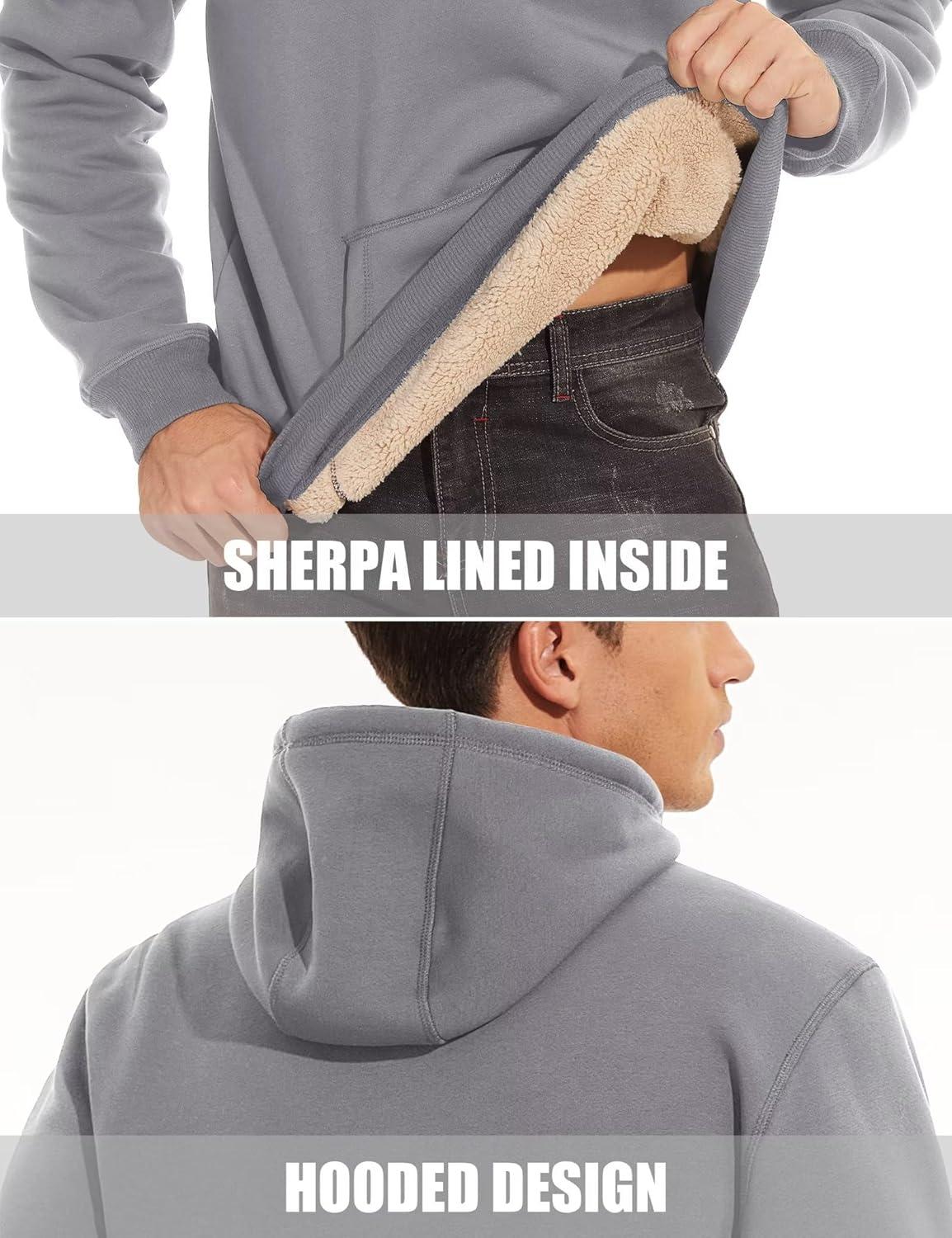 imageMAGCOMSEN Mens Heavy Hoodie Sherpa Fleece Lined Pullover Thick Winter Hooded SweatshirtLight Grey